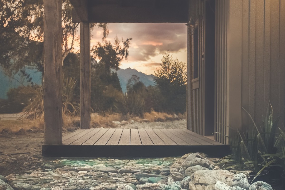 Camp Glenorchy Cabin Exterior w Artist Stone Mosaic Pathway